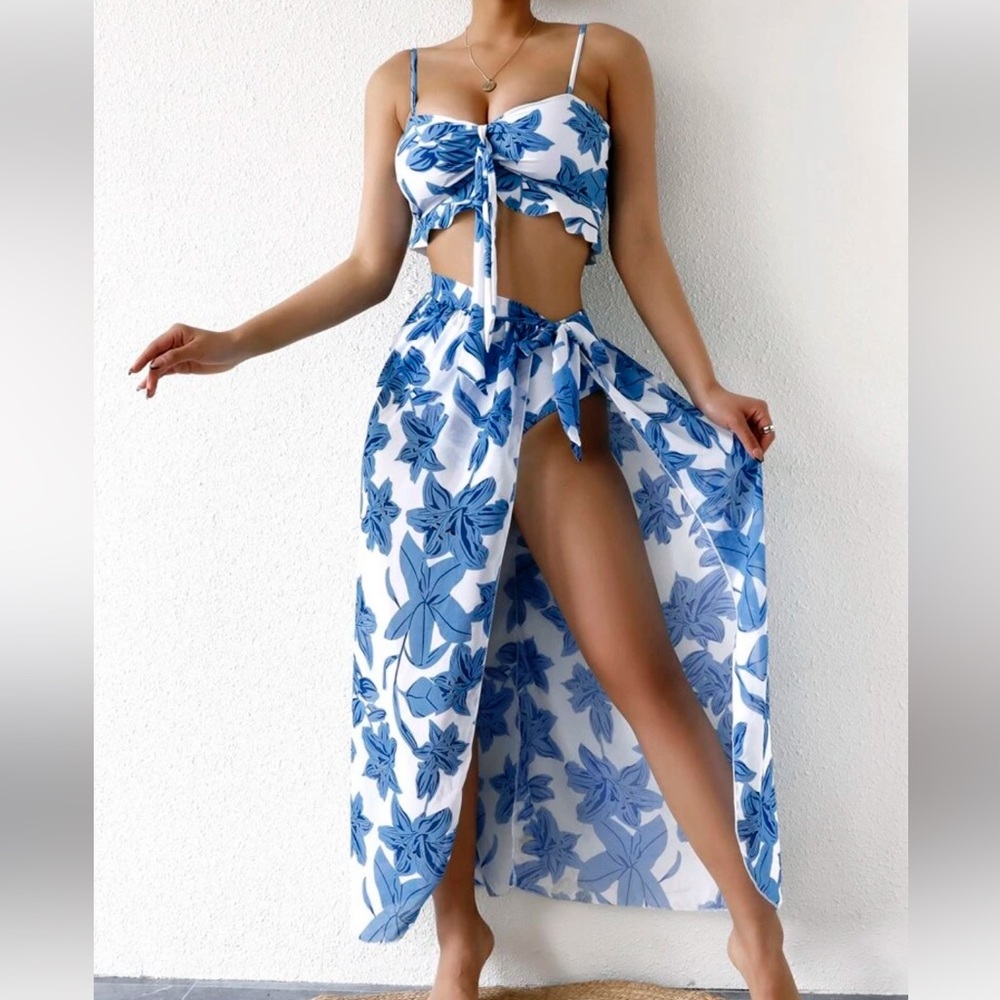 Shein Floral Knot Front Bikini Swimsuit & Beach Skirt